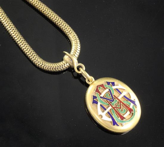 A Victorian high carat gold mourning pendant locket with polychrome enamelled monogram, on a snake link chain, chain 35.5cm.